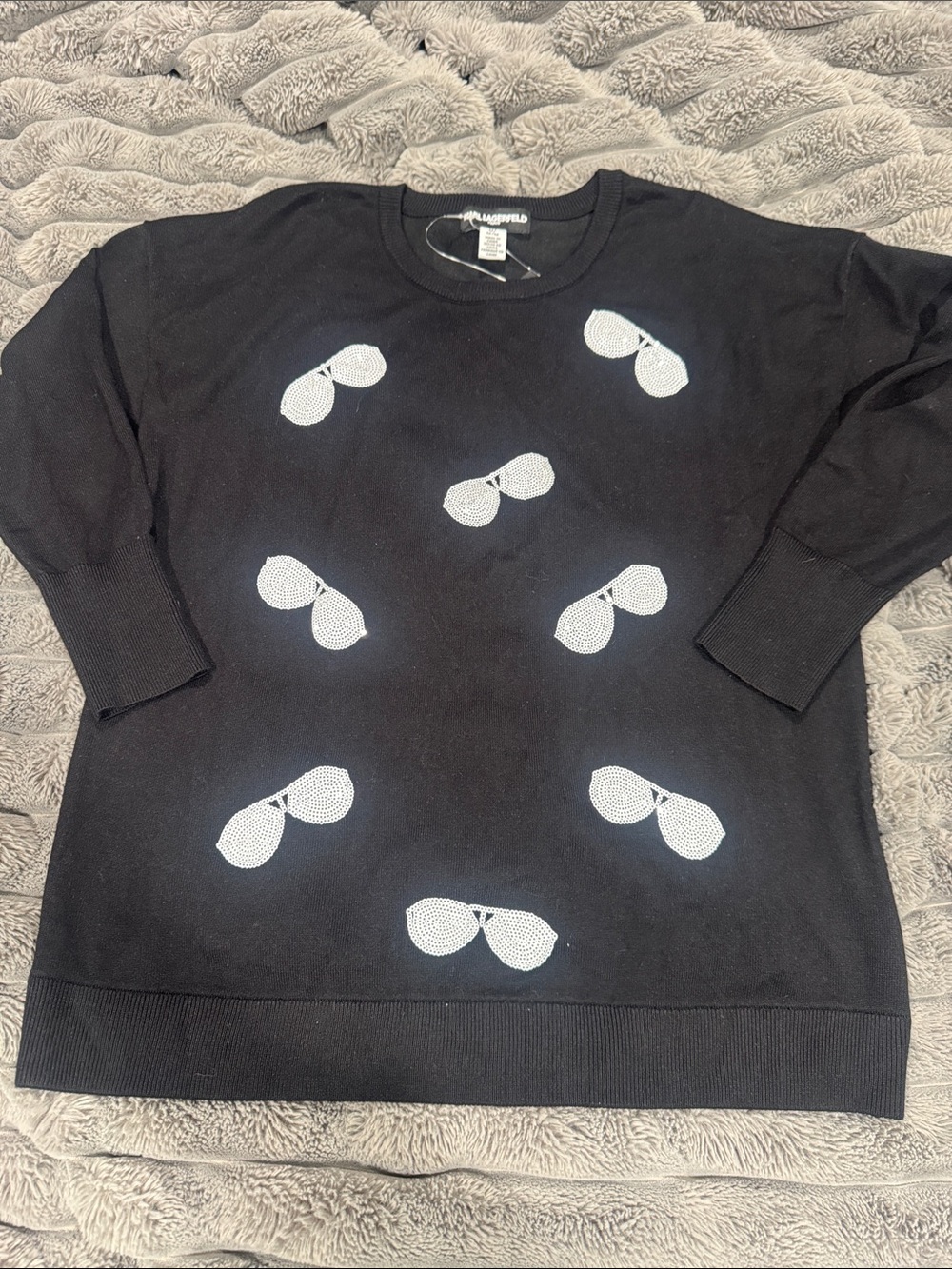 Karl Lagerfeld Black Crewneck Sweater with White Sunglasses Motif